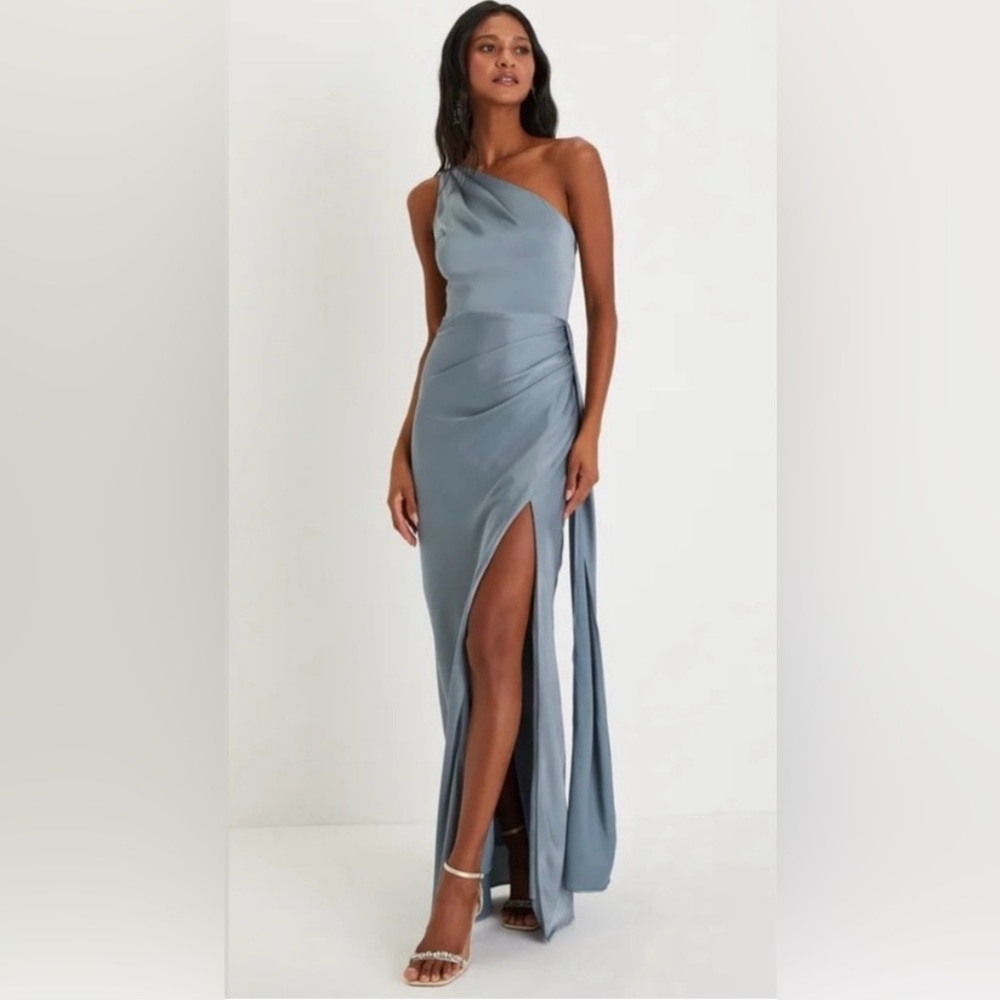 Lulu's Elegant One-Shoulder Maxi Dress in Slate Blue